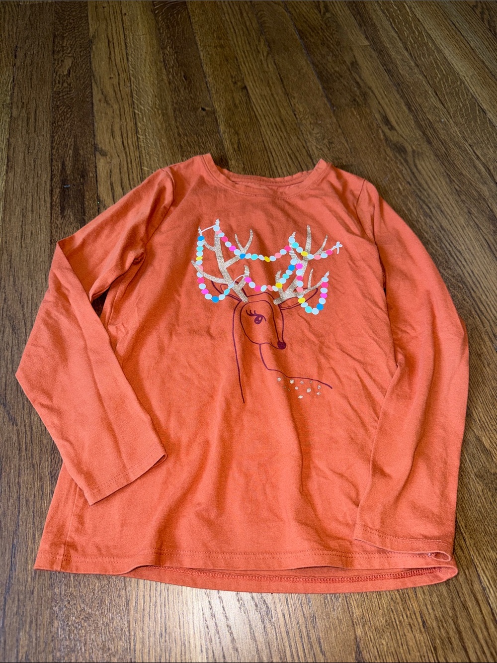 Cat & Jack Orange Long-Sleeve Reindeer Tee with Colorful Antlers